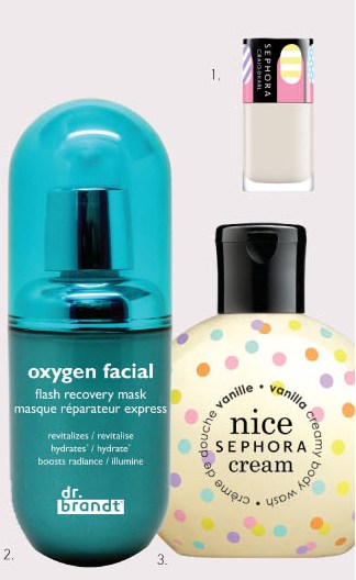 1. SEPHORA Craig & Karl Colorhit Nail Polish  2. Dr. Brandt, Oxygen Facial Flash Recovery Mask 3. SEPHORA Nice Cream, vanilla creamy body wash 