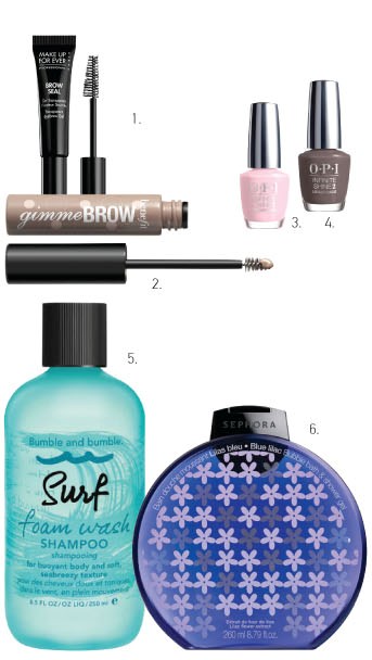 1. MAKE UP FOR EVER Brow Seal Transparent Eyebrow Gel 2. Benefit Gimme Brow 3. OPI Infinite Shine, Pretty Pink 4.OPI  Infinite Shine, Set in Stone 5. Bumble and bumble Surf Foam Wash Shampoo 6. SEPHORA Blue lilac bubble bath & shower gel 