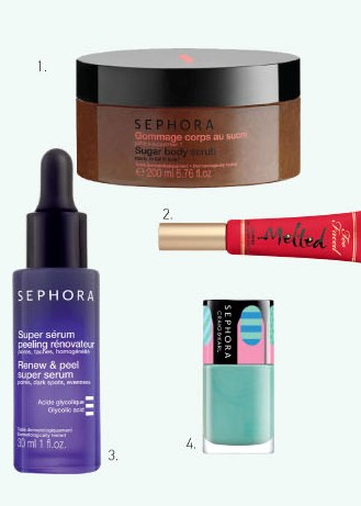 1. SEPHORA Sugar body scrub 2. Too Faced Melted Strawberry Liquified Long Wear Lipstick 3. SEPHORA Renew & peel super serum  4. SEPHORA Craig & Karl Colorhit Nail Polish  