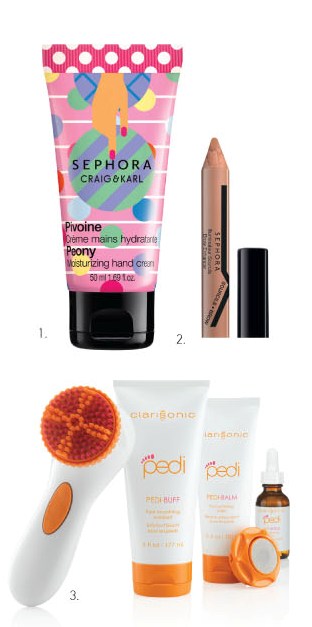 1. SEPHORA Craig & Karl Peony Moisturizing hand cream 2. SEPHORA Illuninateur Sourcils Brow Enhancer 3. Clarisonic Pedi-Buff Foot smoothing exfoliant, Pedi-Balm Foot softening balm, Pedi-Boost sonic foot renewing peel 