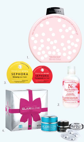 1. SEPHORA Cotton flower, Bubble bath & shower gel 2. Bumble and bumble Bb Hairdresser’s Invisible Oil Sulfate Free  3. SEPHORA Toning & Revitalizing Ginseng eye mask SEPHORA Anti-fatigue & Energizing Pomegranate eye mask 4. Glamglow, Thirstymud Hydrating Treatment, Youthmud Exfoliate treatment, Brightmud eye treatment 