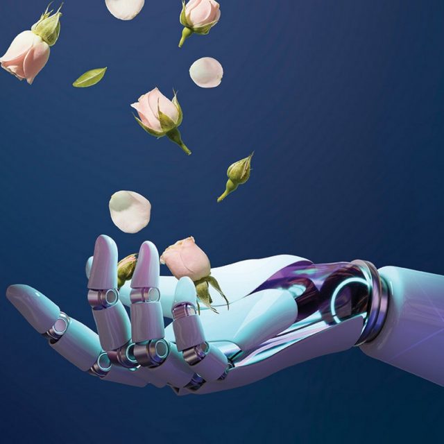 Robot hand background, presenting technology gesture