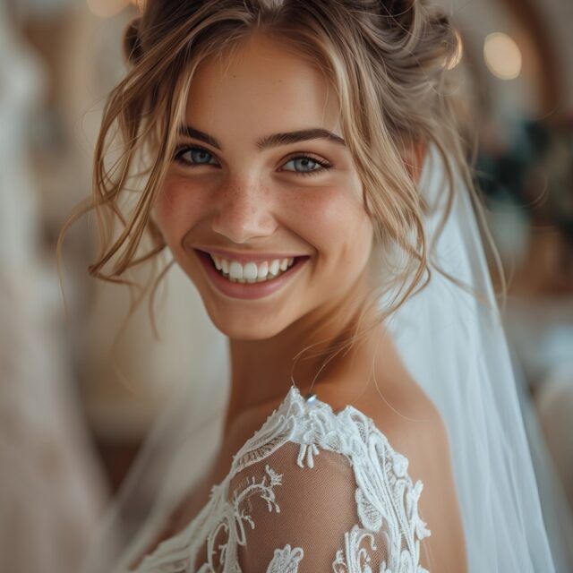 Caucasian woman in wedding dress smiling with confidence in wedd